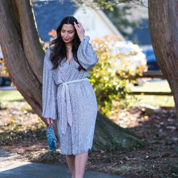 Retrofete | Audrey Velvet-Trimmed Silver Sequin Holiday Glam Wrap Robe Dress - Picture 3 of 9